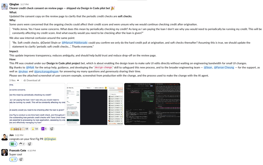 Slack message from Qinglan announcing the first PR shipped via the Design in Code pilot bet, with teammates congratulating her and reacting with celebration emoji